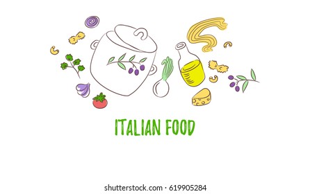 Painted various kinds of pasta (spaghetti, macaroni butterfly), fresh vegetables, casserole, natural olive oil in a glass bottle on a white background. Sketch in hand-drawn style. Italian food concept