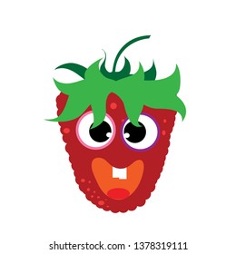 Painted vector illustration of happy raspberry with eyes and mouth on white background. Symbol of fruit, food,vegetarian,vegan.