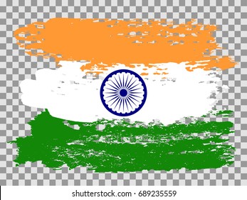 Painted vector India flag with blue Ashoka chakra on transparent background. Isolated tricolor flag illustration - green, white and India saffron orange colors. National symbol - flag with blue wheel.