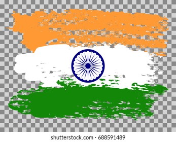 Painted vector India flag with navy blue Ashoka chakra on transparent background. Isolated tricolor illustration - green, white and India saffron orange colors. National symbol - flag with blue wheel.