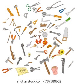 Painted vector set of various construction and metalwork hand tools, antique and modern. On a white background. Manual labor.