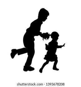 Painted vector silhouette of children on white background. Symbol of family, siblings, sister, brother, friends, bullying.