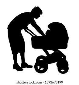 Painted vector silhouette of father with baby carriage on white background. Symbol of baby, son, daughter, child, family.