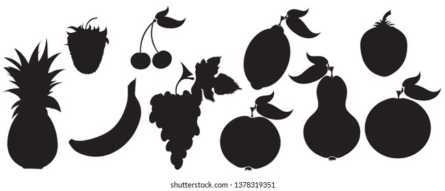 Painted vector silhouette of fruits on white background. Symbol of banana,pineapple,grapes,lemon,orange,cherry,apple, pear,strawberry, raspberry,food,vegetarian,vegan.