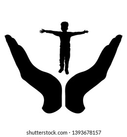 Painted vector silhouette of a hand in a defensive gesture protecting a child. Symbol of insurance, boy, child,protection.
