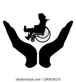 Painted vector silhouette of a hand in a defensive gesture protecting a child. Symbol of insurance, girl, wheelchair, disable,handicap, child, protection, injury.
