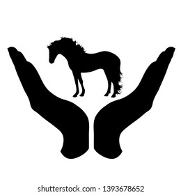 Painted vector silhouette of a hand in a defensive gesture protecting a horse. Symbol of animal, farm, humanity, care, protection, veterinary.