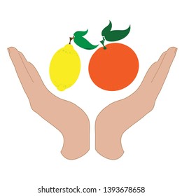 Painted vector silhouette of a hand in a defensive gesture protecting a lemon and orange. Symbol of fruit, food, agriculture, protection, fresh, vegan, vegetarian.