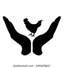 Painted vector silhouette of a hand in a defensive gesture protecting a hen. Symbol of animal, farm, poultry, humanity, care, protection.