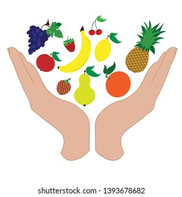 Painted vector silhouette of a hand in a defensive gesture protecting a fruit. Symbol of food, agriculture, protection, fresh, vegan, vegetarian.