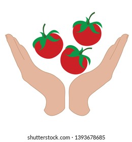 Painted vector silhouette of a hand in a defensive gesture protecting a tomato. Symbol of vegetable, food, agriculture, protection, fresh, vegan, vegetarian.