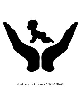 Painted vector silhouette of a hand in a defensive gesture protecting a baby. Symbol of insurance, boy, girl, child, protection.