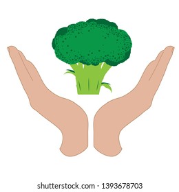 Painted vector silhouette of a hand in a defensive gesture protecting a broccoli. Symbol of vegetable, food, agriculture, protection, fresh, vegan, vegetarian.