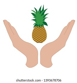 Painted vector silhouette of a hand in a defensive gesture protecting a pineapple. Symbol of fruit, food, agriculture, protection, fresh, vegan, vegetarian.