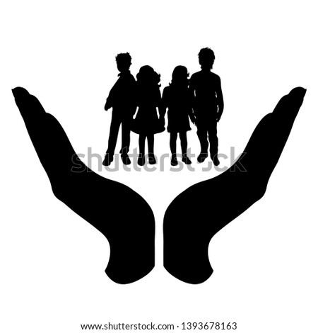 Painted vector silhouette of a hand in a defensive gesture protecting a children. Symbol of insurance, boy, girl, siblings, friends, child, protection.