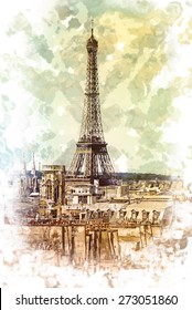 Painted view on Eiffel Tower. Artistic travel background. Vintage postcard from France