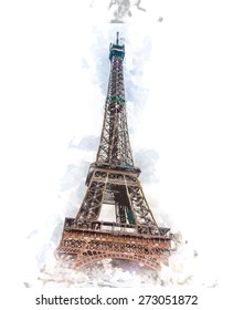 Painted view on Eiffel Tower. Artistic travel background. Vintage postcard from France