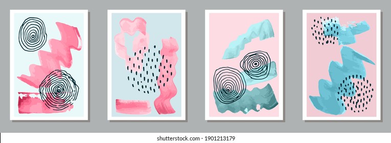 Juego vectorial de banners vintage pintados. Las acuarelas oscilan entre los patrones. Diseño de estilo años 60. Estilosas plantillas de banner. Elementos de trazo de pincel.