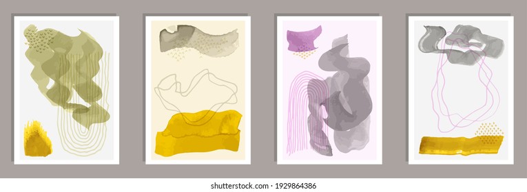 Painted vintage canvas vector collection. Watercolor splats patterns. 50s style design. Cool office poster templates. Doodle elements.