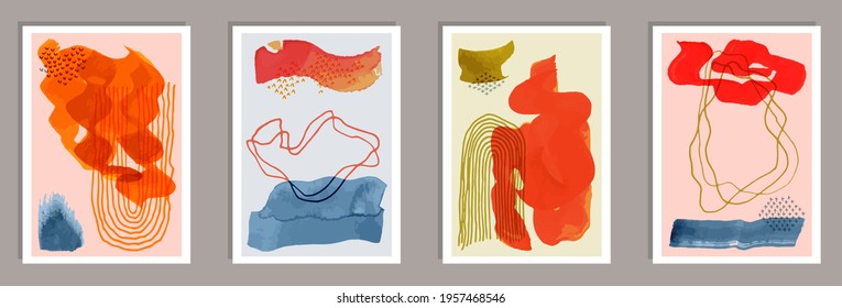Painted vintage postcards vector set. Watercolor spots collage. Nordic style prints. Stylish wall poster layouts. Doodle elements.