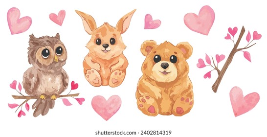 Animales acuáticos pintados. Día de San Valentín. Elementos para la decoración de tarjetas. Owl de oso. Animales conejitos. 14 de febrero. Amor. Textura acuarela. Decoración. Clip apt.