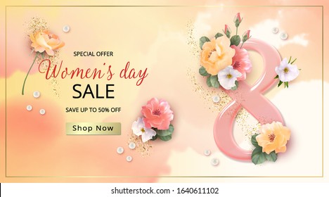 Painted watercolor background with beautiful roses and number 8. Floral holiday banner. Women's Day Greeting card