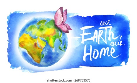 Painted in watercolor banner for earth day. Butterfly flying over the planet.