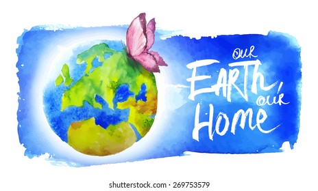 Painted in watercolor banner for earth day. Butterfly flying over the planet.