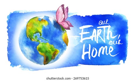 Painted in watercolor banner for earth day. Butterfly flying over the planet.