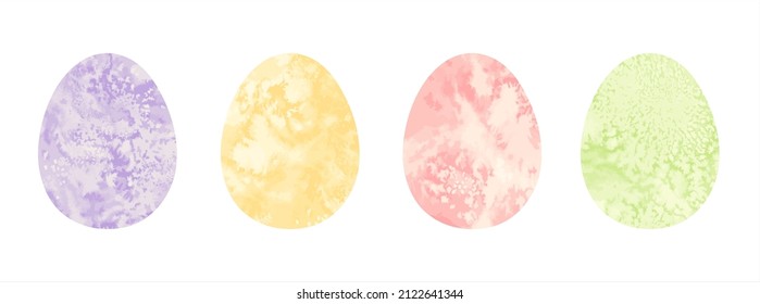 Painted watercolor Easter eggs set, paschal vector illustrations collection. Salt stains patterns. Purple, yellow watercolor egg shape backgrounds, text frames. Greeting card hand drawn templates.