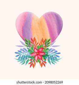 Painted Watercolor Flower Heart. Painted Heart. Watercolor Heart Made of Flowers. Perfect Valentines Day Heart