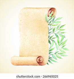 Painted watercolor old paper and green leaves. Vectorized watercolor illustration.
