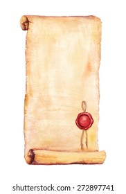 Painted watercolor old paper, stamp and cord. Paper and stamp  separated. Vectorized watercolor illustration. Use for your cards, flyers and invitations. 
