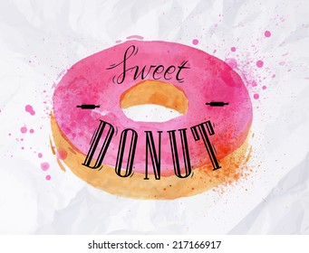 Painted watercolor poster lettering sweet donut in paper