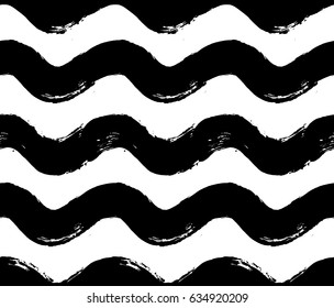 Painted wave pattern. Seamless curvy stripe background. Hand drawn brush strokes graphic print. Sketchy black white vector. Grunge design. For wallpaper, furniture fabric, fashion textile.