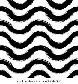 Painted wave pattern. Seamless curvy stripe background. Hand drawn brush strokes graphic print. Sketchy black white vector. Grunge design. For wallpaper, furniture fabric, fashion textile.