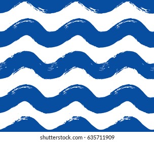 Painted wave pattern. Seamless curvy stripe background. Blue white hand drawn brush strokes graphic print. Sketchy vector. Grunge design. For wallpaper, furniture fabric, fashion textile.