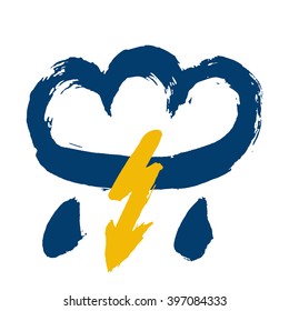 Painted weather icon. Dark blue cloud with yellow lightning and drops of rain. Brush strokes distress texture. Vector icon of weather. Isolated on white background.