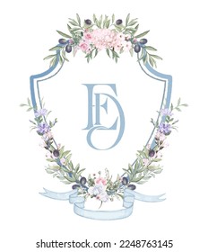 Painted wedding monogram ED initial. Watercolor crest olive and hydrangea flower frame Hand drawn template. svg