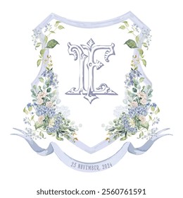 Painted wedding monogram ET, TE initial watercolor floral crest. Watercolor crest with blue flowers and green leaves frame hand-drawn vector template.