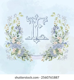 Painted wedding monogram ET, TE initial watercolor floral crest. Watercolor crest with blue flowers and green leaves frame hand-drawn vector template.