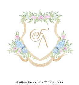 Painted wedding monogram FA initial watercolor floral crest with ribbon. Watercolor crest light pink roses and peonies, botanical leaves frame template vector illustration. 