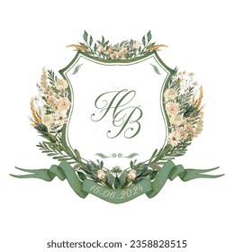 Monograma de boda pintado HB, BH cresta floral de acuarela inicial. Flores de color de agua amarillo pálido, hojas verdes profundas y plantilla de ilustración del vector del marco de borde de la cresta.