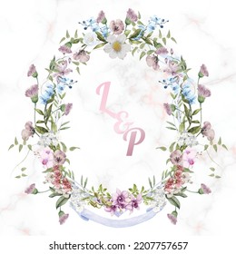 Painted wedding monogram L and P initial. Watercolor crest wildflower frame Hand drawn template. floral wreath