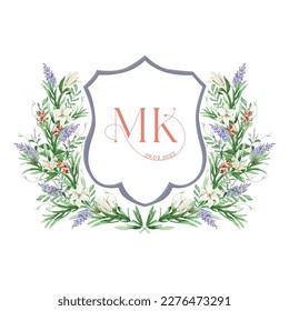 Malte Hochzeit Monogramm MK Initial. Aquarellcrest mit Basilikum-Blättern, rote Beeren, weißer Lilienflorrahmen Handgezeichnet Vorlage.