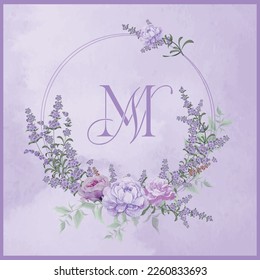 Malte Hochzeit Monogramm MN Erstwasserfarbe violette Blütencreme. violetter Hintergrund, Wappenvektor.