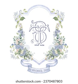 Painted wedding monogram TB, BT initial watercolor floral crest. Watercolor crest with blue flowers and green leaves frame hand-drawn vector template.