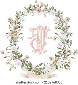 Painted wedding monogram TJ initial. Watercolor crest wild flower frame Hand drawn template. 