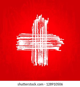 Painted white cross on a red grunge background