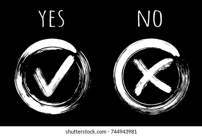 Painted white symbolic OK and X approval icons in round frames. Tick and cross signs, check marks design. YES and NO acceptance and rejection symbol vector signs, marks for checking quiz, test. survey
